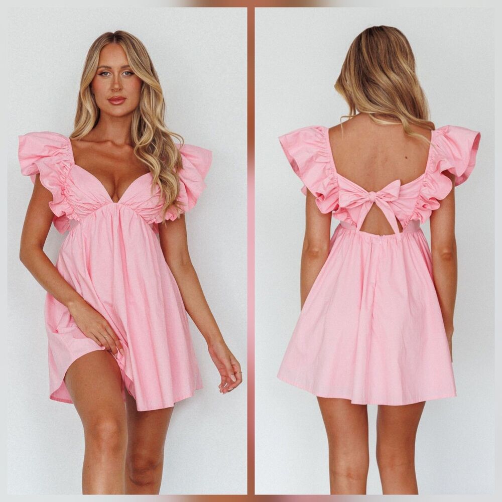 Selfie Leslie Marina Babydoll Dress Medium Pink Ruffles Coquette Feminine Girly